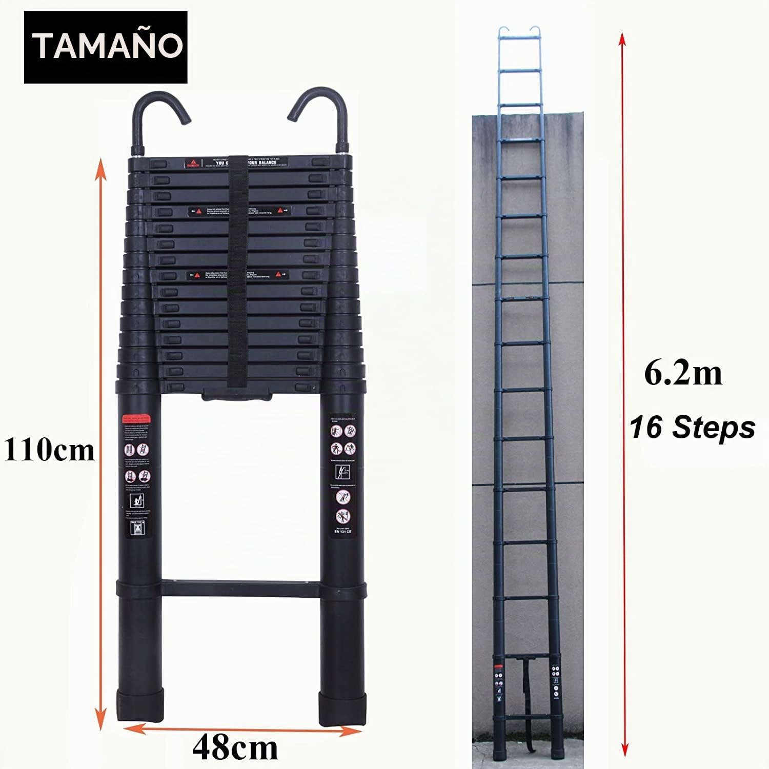 Escalera telescópica extensible plegable de aluminio de 6,2 m (20,3 pies) con gancho desmontable, segura y compacta, capacidad de carga de 150 kg, certificado EN131 para hogar, oficina y exteriores