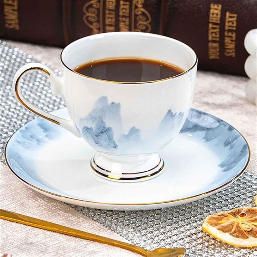 Hochwertiges Kaffeetassen- und Untertassen-Set, handgezeichneter Goldrand, hochwertiges Knochenporzellan, Teetassen, chinesische Tuschemalerei, Teeset, Kaffeetasse