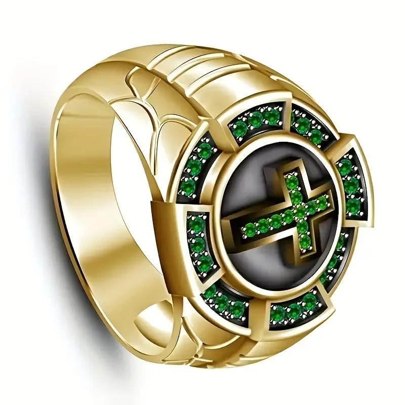 Cross Emerald Ring for Men 10K/ 14K/ 18K Solid Real Yellow Gold Ring for Men Handmade Cross Luxury Men's Ring with Emerald Gemstone Engagement Wedding Ring Promise Ring Gifts for Him Dad Men’s Jewelry Size 4-184