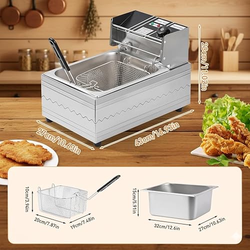Miniatura 7 de Freidora eléctrica grande de 1600 W de 6 litros con 1 cesta de freír, freidora eléctrica para uso doméstico y comercial, temperatura ajustable,