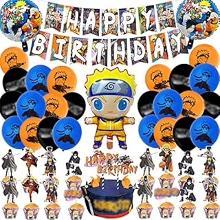 53 Pcs Anime Party Decorations for Kids Birthday, Include Banner, Cake Topper, Cupcake Toppers, Latex Balloons, Foil Balloons, Party Supplies Set for Boy and GirlBirthday