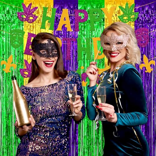 Image of 3 Pack Gold Green Purple Foil Fringe Curtains Backdrop, 3.28 x 9.8 Ft Metallic Streamers Tinsel Curtains Background for Photo Booth, Birthday, Halloween, Christmas, New Year Party Decorations