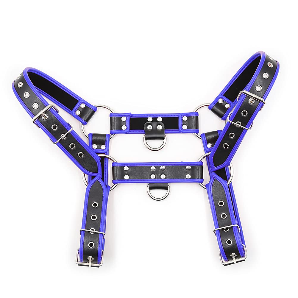 Leweceeo Men's Blue Faux Leather Body Chest Harness Belt Shoulder Cage Belt Party Costume, One Size