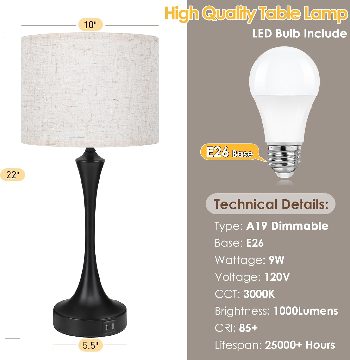 GGOYING 22” Set of 2 Touch Control Table Lamp with USB A+C Ports, 3-Level Dimmable Bedside Lamp with Fabric Lampshade, 3000K LED Bulbs, Nightstand Lamp for Bedroom Livingroom Office, Black