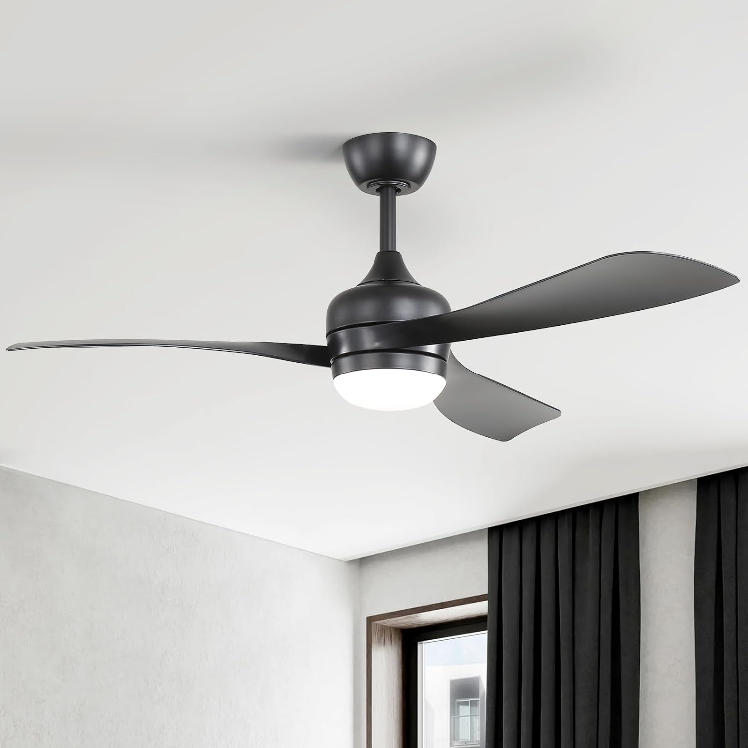 52-Inch Black Ceiling Fan with 3 ABS Blades,Remote Control,Reversible DC Motor,Noiseless,3 Downrods Available,LED Dimmable