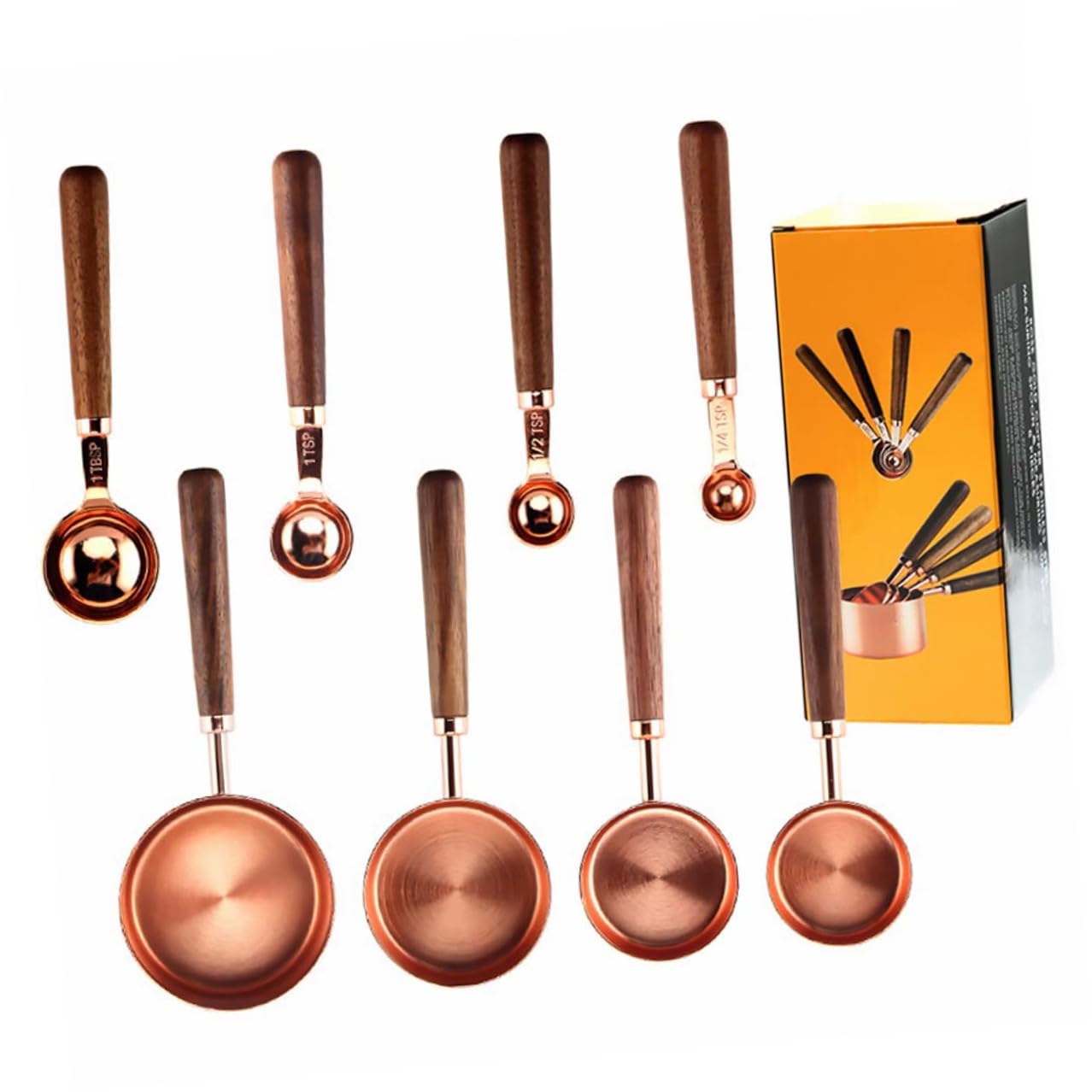 Cabilock 8 Stück Messlöffel aus Edelstahl mit Holzgriff Multifunktionales Backzubehör Doppelter Skala Einfach zu Bedienen für Küche und Backen