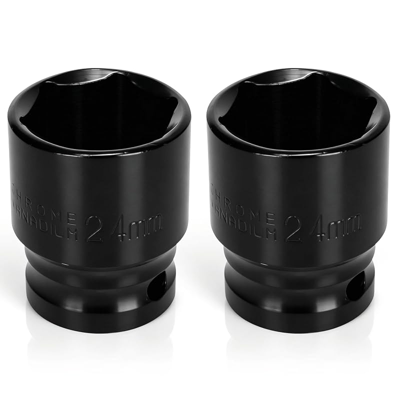 Kit com 2 Soquetes de Impacto 24 mm, Encaixe de 12,7 mm (1/2 pol.), Sextavado, Curto, em Aço CR-V Sunkoo