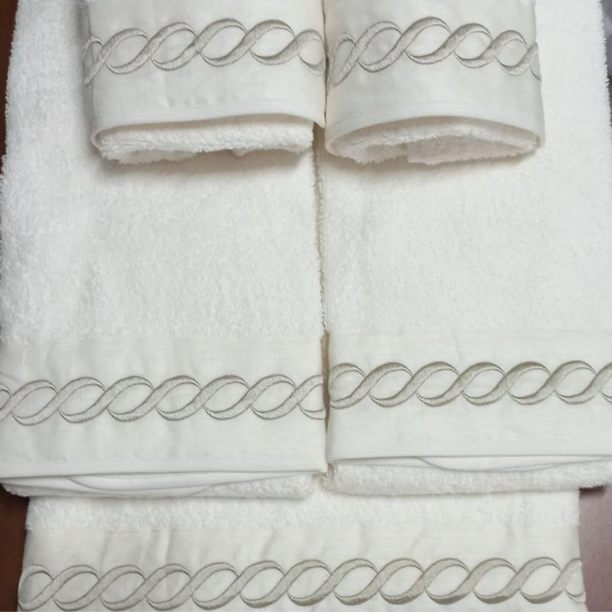RICAMI FIORENTINI BALDI Set asciugamani ricamati, spugna di cotone 100% 550 gr/mq, 5 pezzi: 2 viso+2 ospite + 1 telo doccia. Idea regalo. Prodotto artigianale toscano (5 pezzi ESSE, panna)
