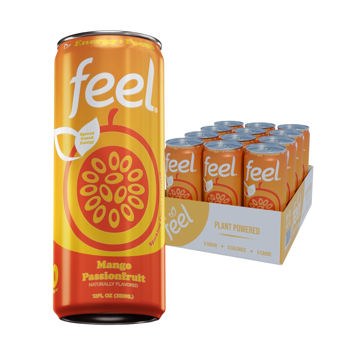 FEEL Zero Sugar Energy Drink – Mango Passionfruit, Natural Caffeine (140mg) with L-Theanine for Focus, Vitamin C for Immunity, Vegan, Non-GMO, No Artificial Sweeteners, 12 Fl Oz Cans (12-Pack)