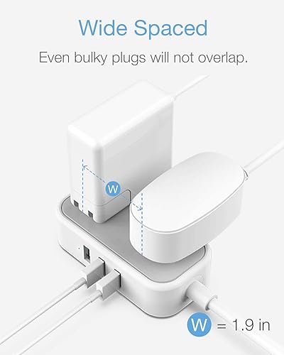 Miniatura 2 de TESSAN - Cable de extensión de 10 pies, regleta de alimentación de enchufe plano con 2 tomas de corriente, 3 puertos USB, mini estación de carga de