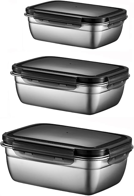 ZHDHOME Food Storage Container Set with Lids Airtight Fridge Freezer Storage Meal Prep Stainless Steel Mixing Salad Bowls Rectangular Lunch Box Pack of 3 Black 350/850/1800ML