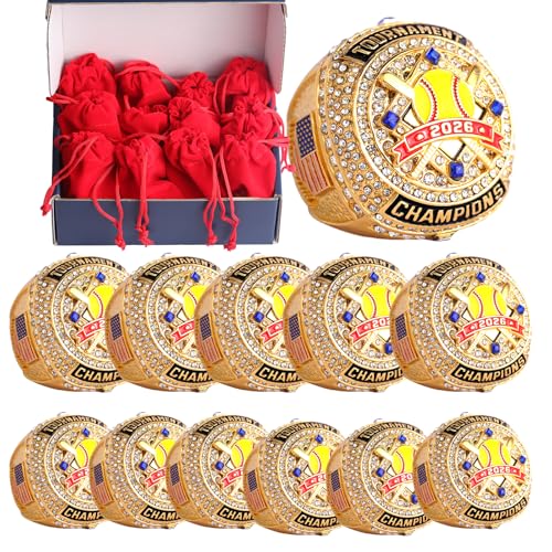 Image of 2 pcs Pack or 12 pcs Pack Softball Championship Trophy Ring Award Gift for Tournament Champion Team palyers Awards Trophy on Side Size 9.5