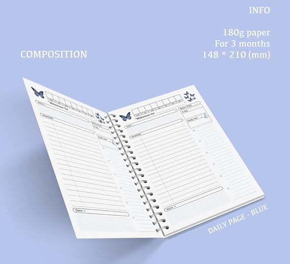 Cute Aesthetic Korean Daily Butterfly Study Planner + sticker sheet - 109 pages, Hard Cover Cool Preppy Kawaii stationery journal for school, academic, teens, women, girls