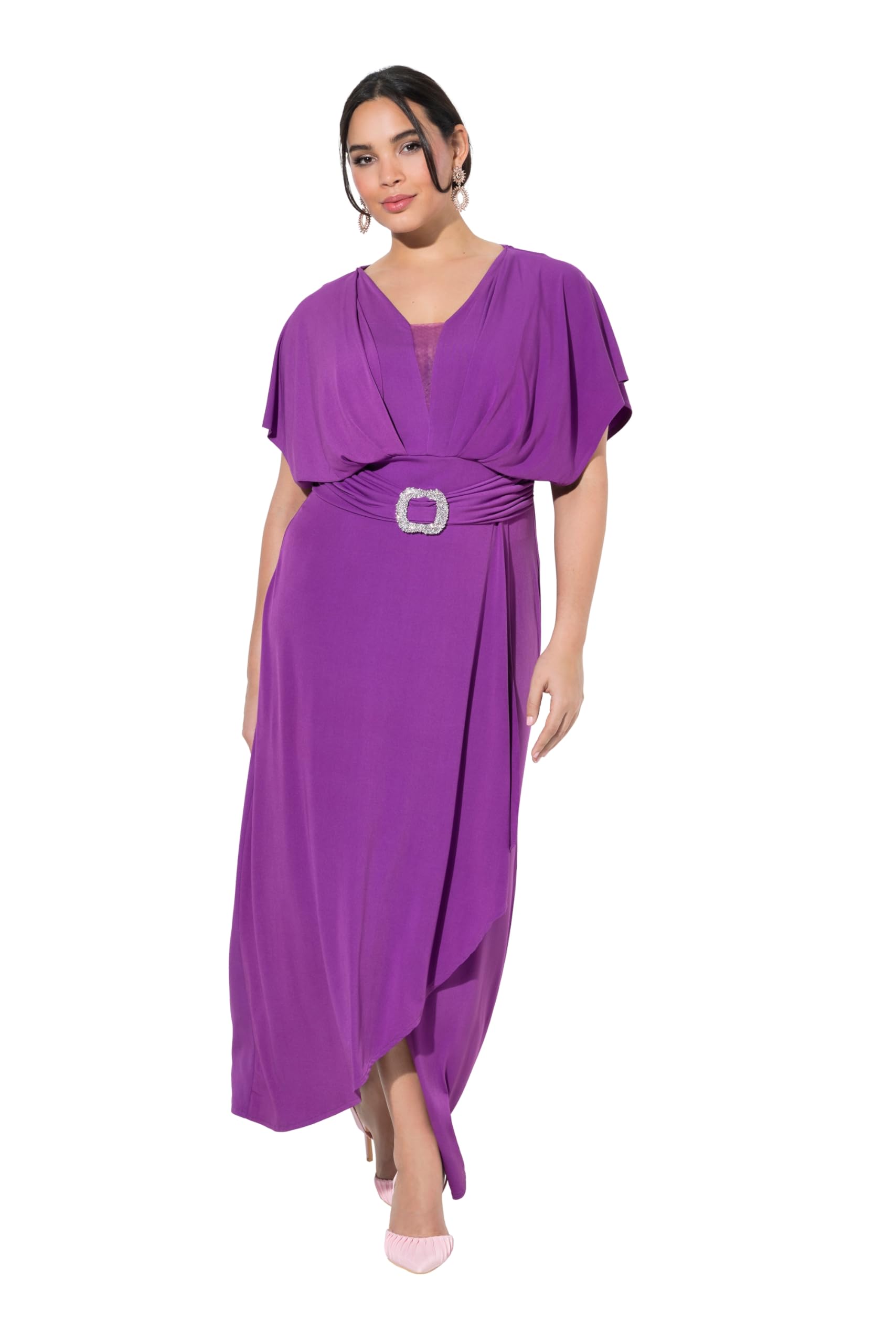 Ulla Popken Damen große Größen Übergrößen Plus Size Maxikleid, Ziergürtel, V-Ausschnitt, Halbarm 849533