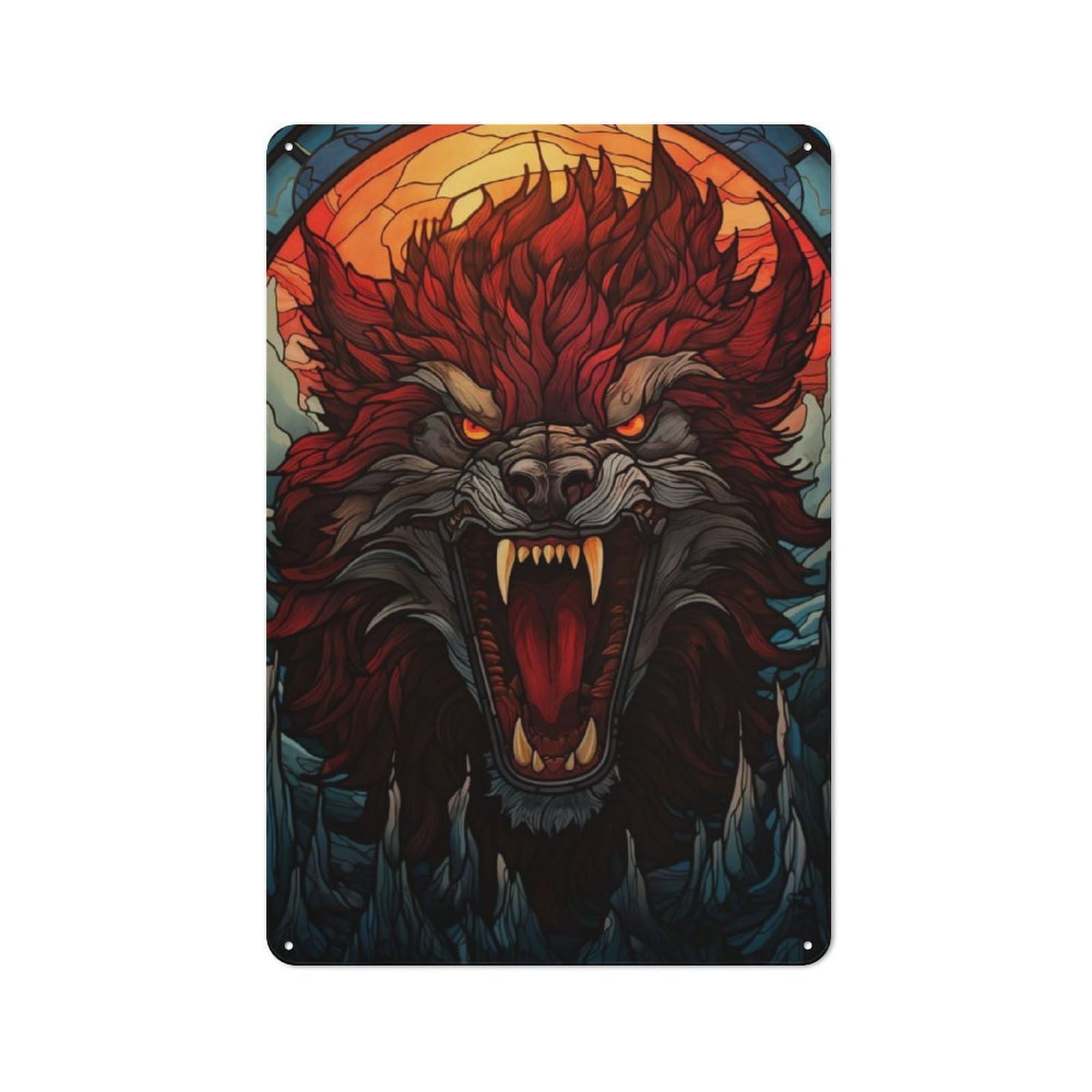 Tin Wall Plaque 30x20cm with Fenrir Stained Glass for Pub Or Café, for Collectors of Retro Metal Wall Decor