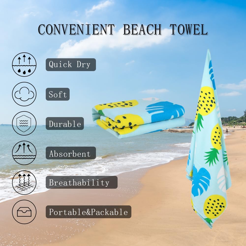 Microfiber Beach Towel Oversized Large Quick Dry Sand Free Yellow Pineapple Design 30×60 inch Beach Towels for Women Men Pool Swim Beach Essentials Accessories