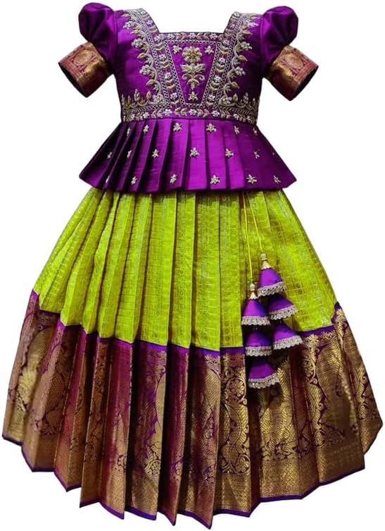 Mirraw Kids, Purple Art Silk Jecquard South Indian Style Pavdai Pattu Lehenga Choli for Kids, from 12 Months - 8 Years