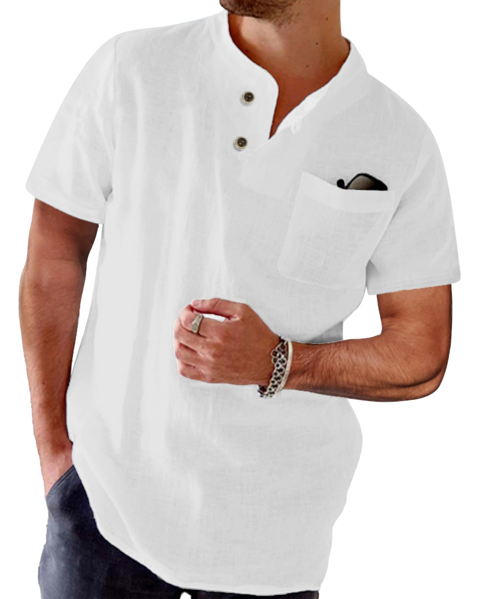 NANAMEEI Mens Cotton Linen Henley Shirts Casual Summer Button Down Shirt, White, M