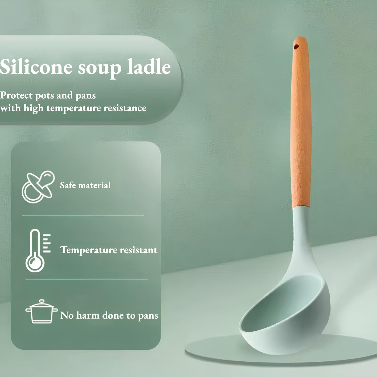 Ladle Spoon, Silicone Ladle Spoon Large Spoon for Soup Heat Resistant Ladle Spoon Soup Ladle with Wooden Handle Kitchen Utensils Spoons