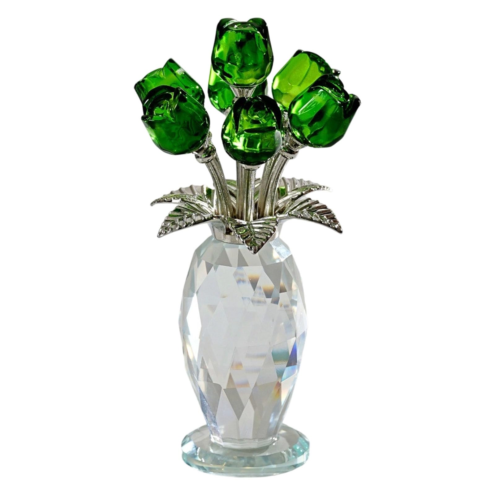 Crystal Rose Flower Figurine with Base, Glass Bouquet Women Girlfriend Wife Home Table Decorations Glass Bouquet with Vase Ornament