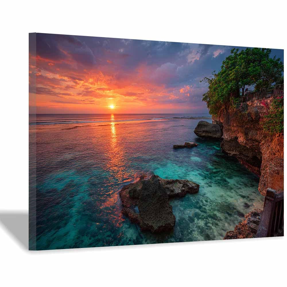 HOQIU Natural scenery wall art Bali Cliff Sunset decorative painting, wall art, for Living Room Bathroom Bedroom Kitchen Decoration.(Multicolor)-30x40cm Framed
