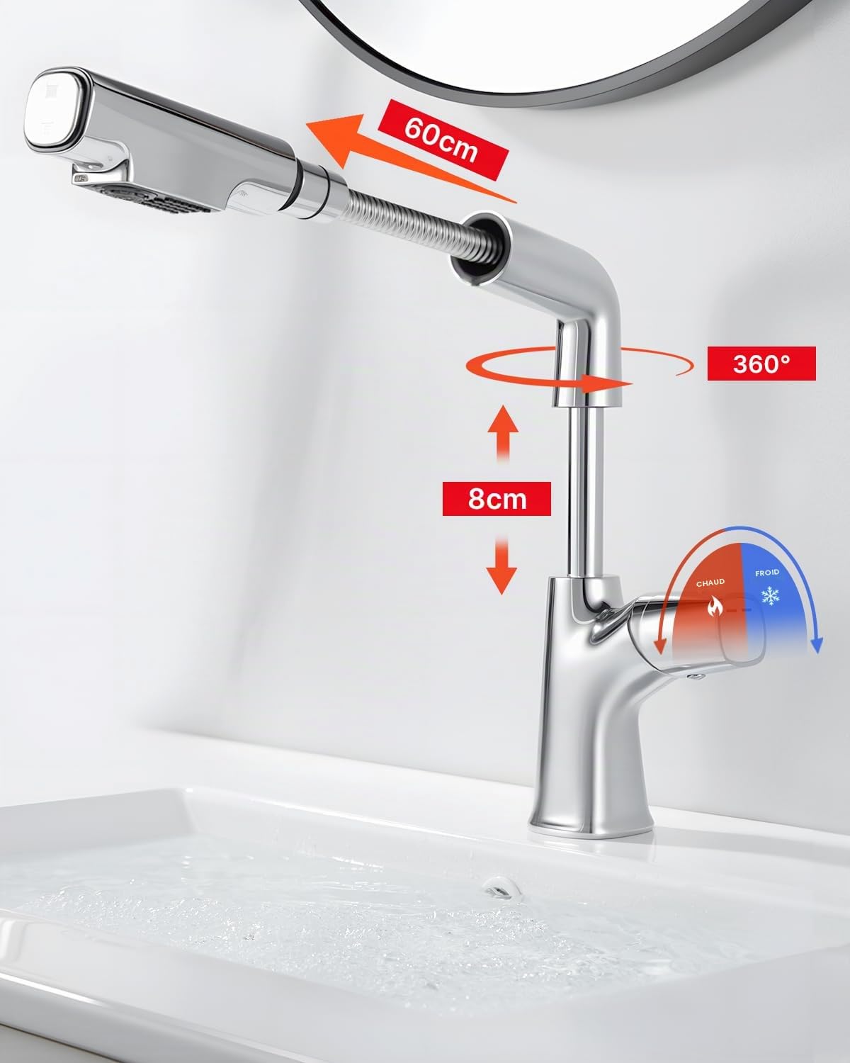 Mitigeur Lavabo avec Douchette Extractible 2 Modes, Robinet Pivotant 360°