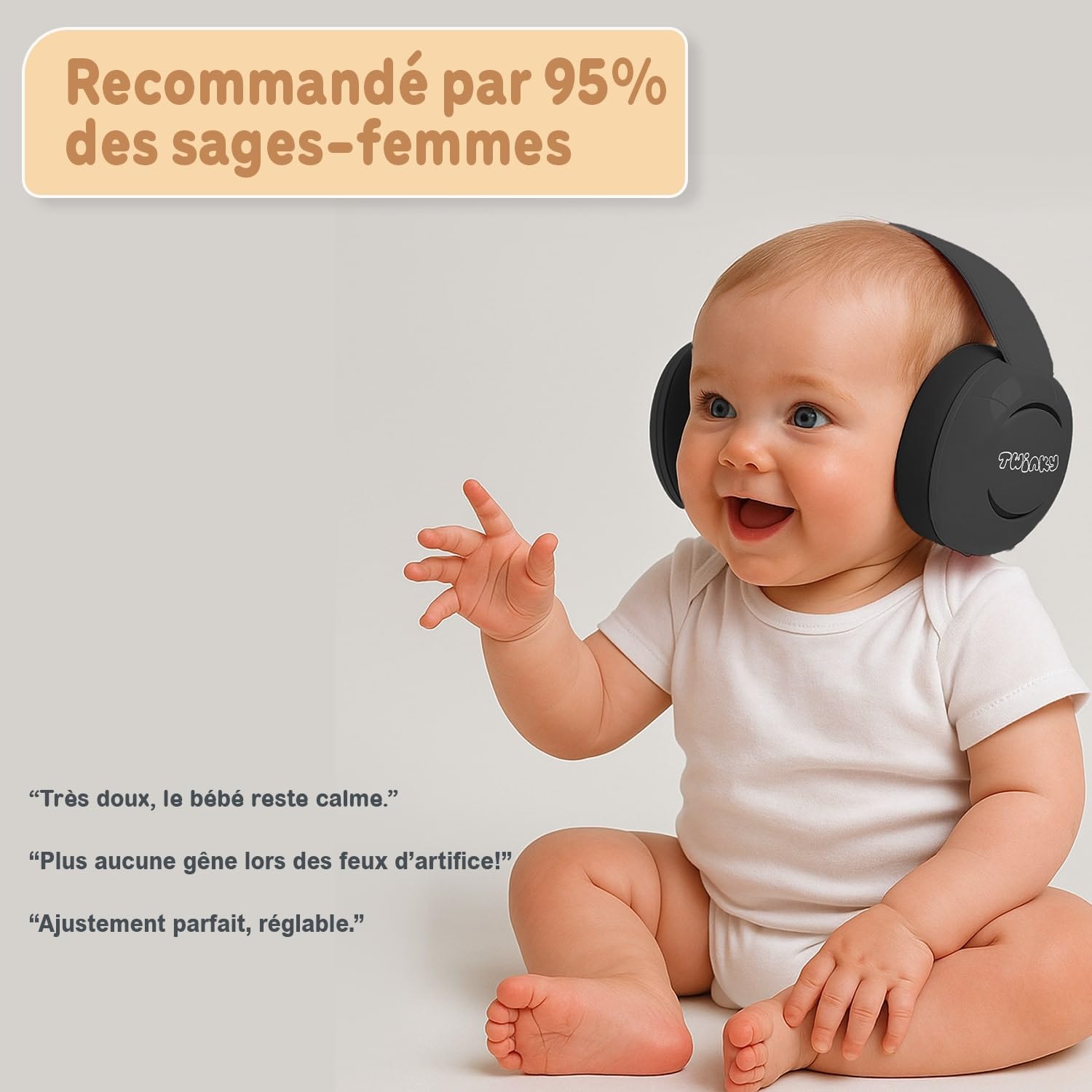 Twinky Cache-oreilles pour bébé de 0 à 36 mois – Casque antibruit bébé – Cache-oreilles confortables et réglables pour nourrissons, nouveau-nés et tout-petits – Protection auditive et meilleur sommeil