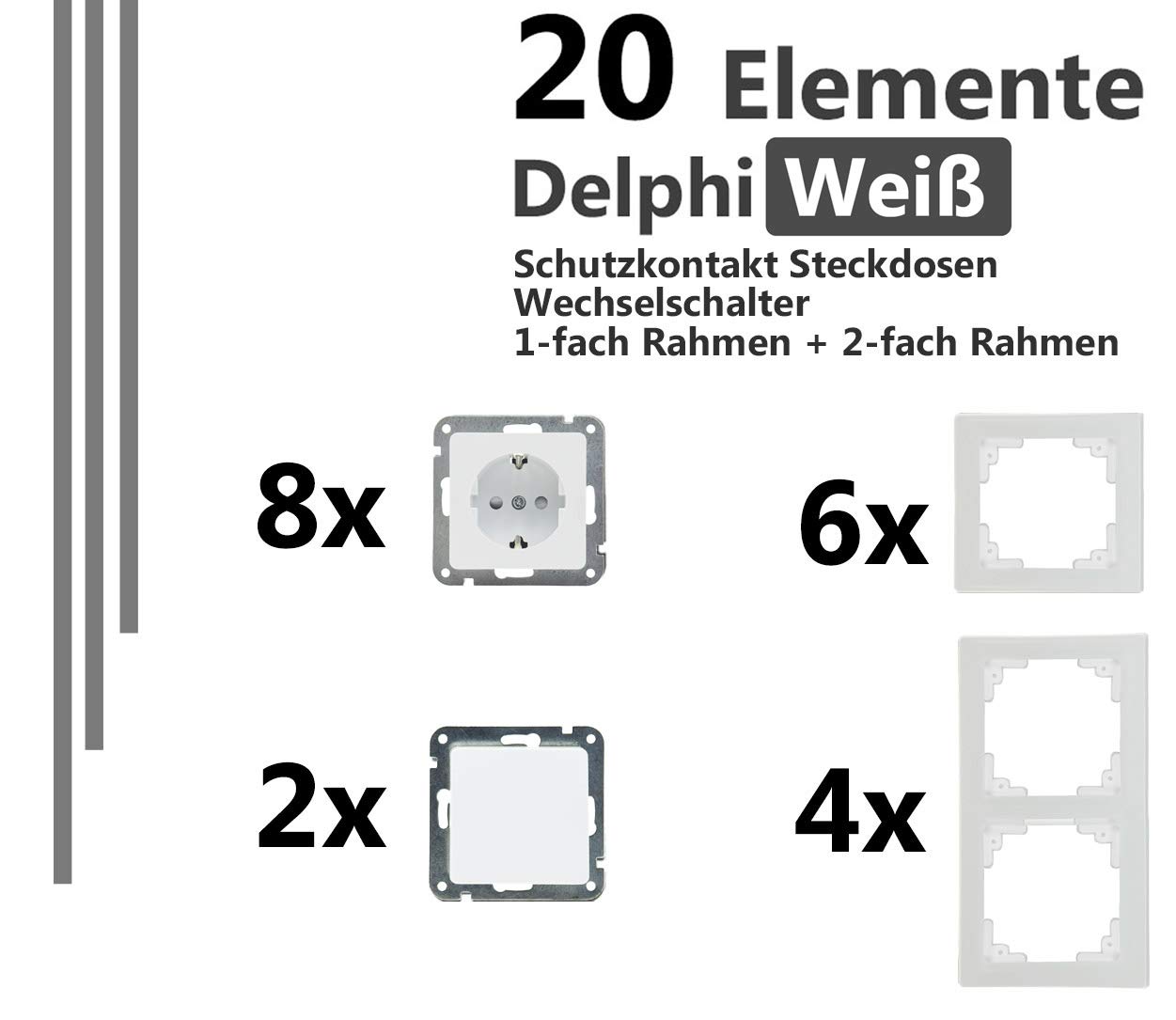 ChiliTec Steckdosen Schalter Set Delphi 20 Teile Steckdosen Schalter Rahmen Unterputz Einbau Weiß