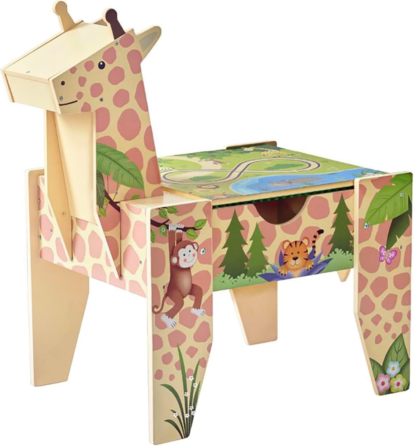 Teamson Kids Jungle Giraffe 2-in-1 Activity Table – Wooden Play Table with Built-in Storage, 23 Building Pieces & 1 Car, Double-Sided Design for Building Blocks & Racing, for Toddlers & Kids, Age 3+