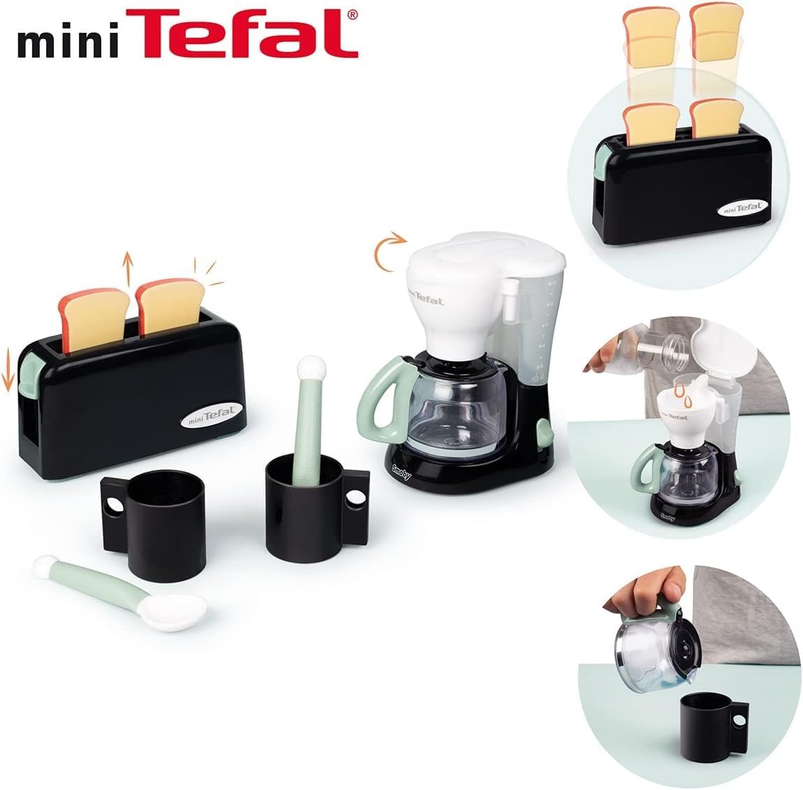 Smoby - Tefal Petit Déjeuner - Grille Pain Fonction Mécanique - Cafetière Express - Tasses + Cuillères - A Partir de 3 Ans