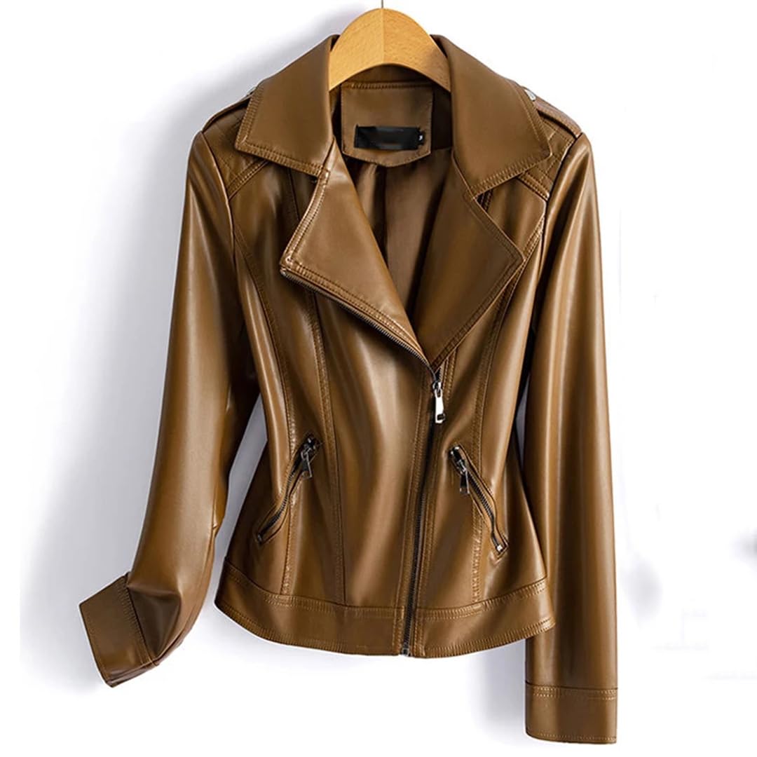 Cappotto da donna in pelle con colletto rovesciato a maniche lunghe con cerniera