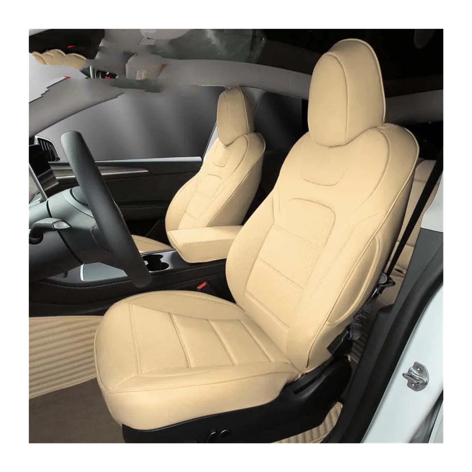 pokrowiec na fotelik pokrowiec na siedzenia Pokrowiec na fotel samochodowy pasuje do Tesla Model 3 Y Skórzany pełny styl otoczenia Biała poduszka Akcesoria wewnętrzne(Beige)