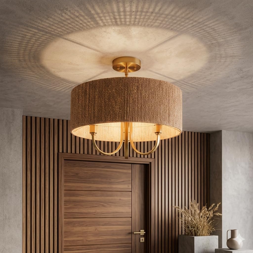 Maxax 17.5" Boho Ceiling Light Fixture, Rattan Semi Flush Mount Chandelier with 3 Light Gold Base, Wood-Tone Wicker Lampshade, 60W