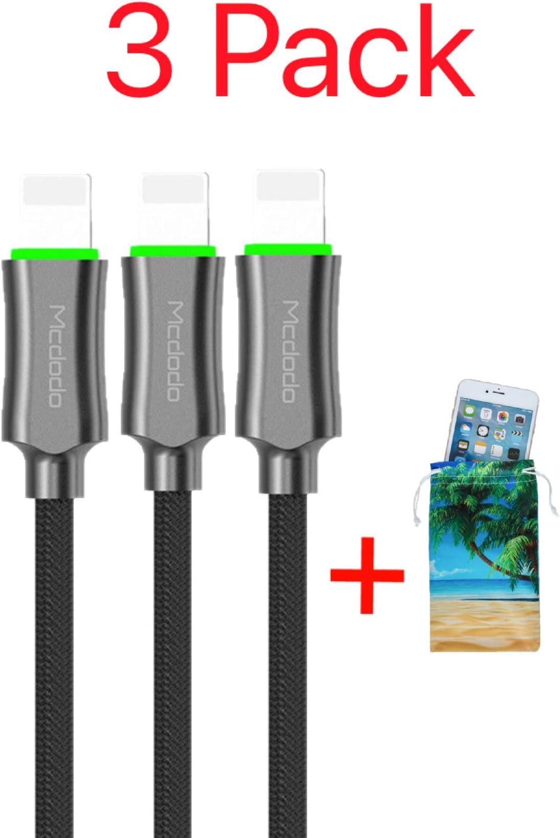 mcdodo(3 Pack + iPhone Bag) Upgraded Power Off Smart LED Auto Disconnect Nylon Braided Sync Charge USB Data 6FT/1.8M Cable Compatible iPhone/iPad Pro/Air,iPad Mini,iPod 4FT