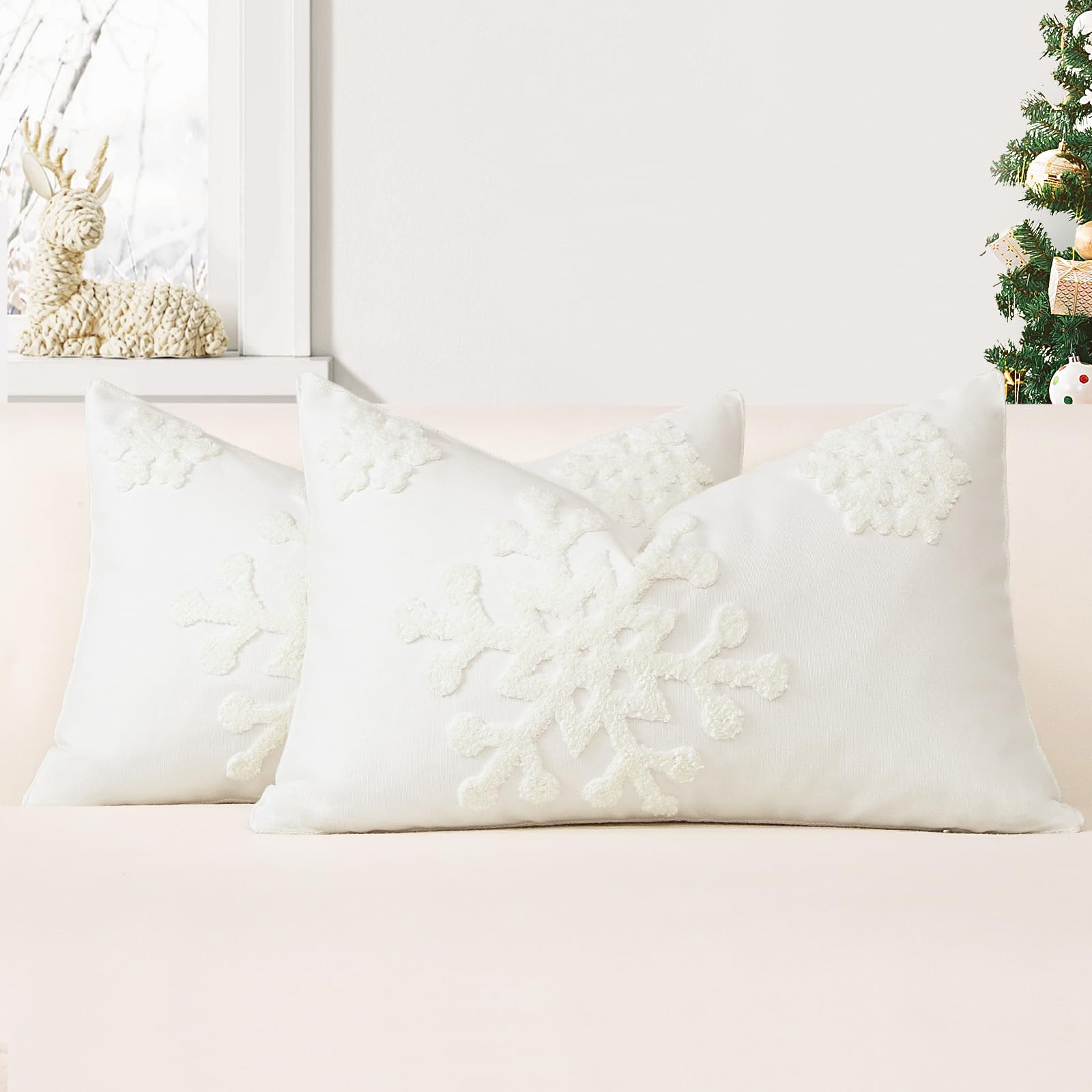OTOSTAR Confezione da 2 federe decorative natalizie con fiocco di neve, 40,6 x 61 cm, morbide, decorative, per divano, camera da letto, auto (bianco crema)