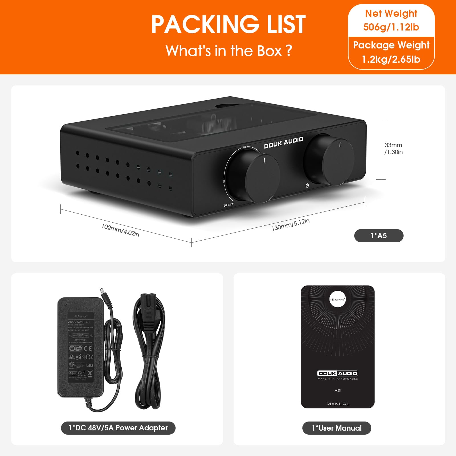Douk Audio Amplificatore stereo A5 TPA3255, 600 W Mini HiFi Audio Amplificatore di potenza classe D per sistema home cinema, altoparlante a torre passiva con filtro passivo + alimentatore da 48 V