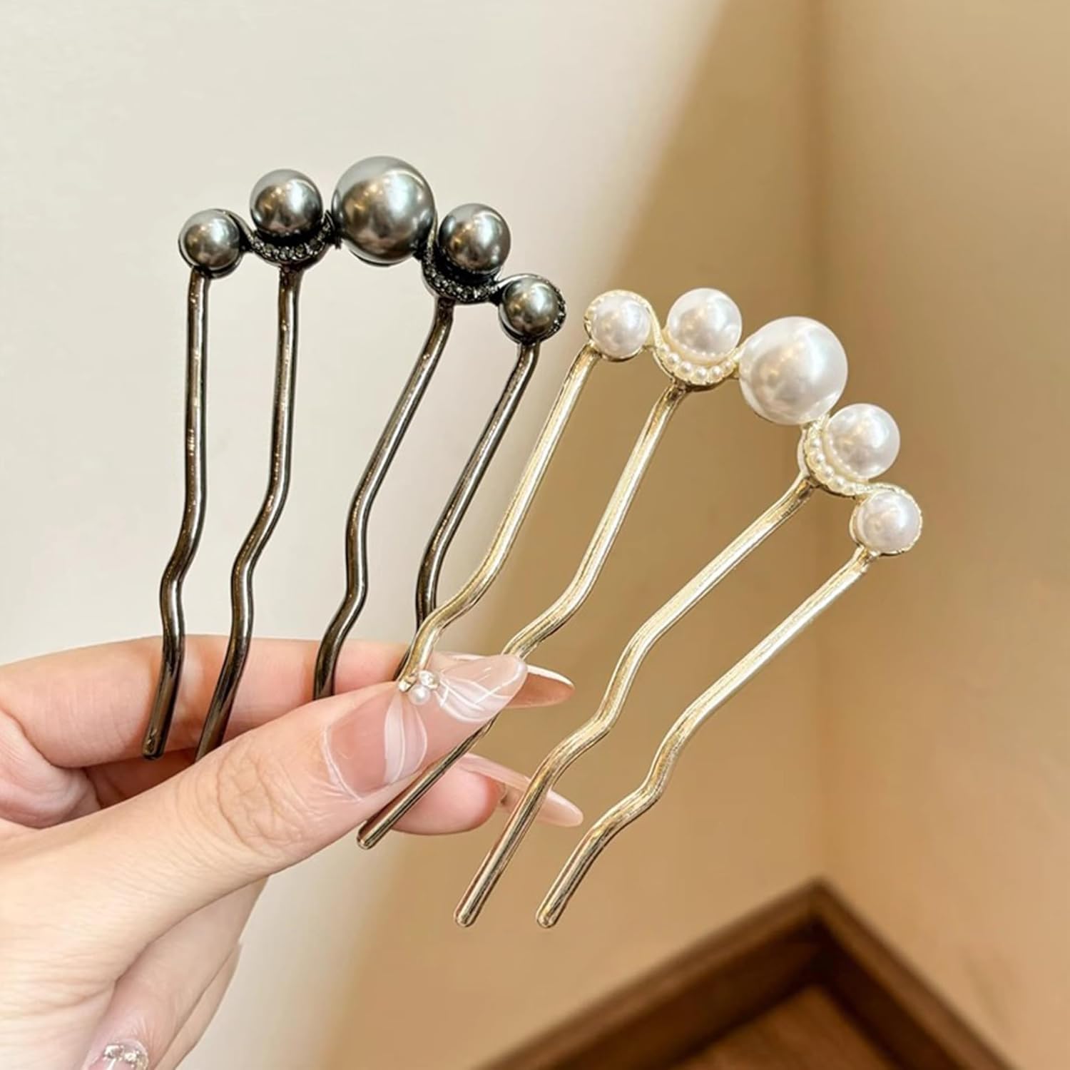 Miss Lirenn® Pearl Hair Comb Pins Set, 5.3 cm Length, Navy Blue and White with Rhinestones, (Multicolor-Pack of 2) - Image 5 thumbnail