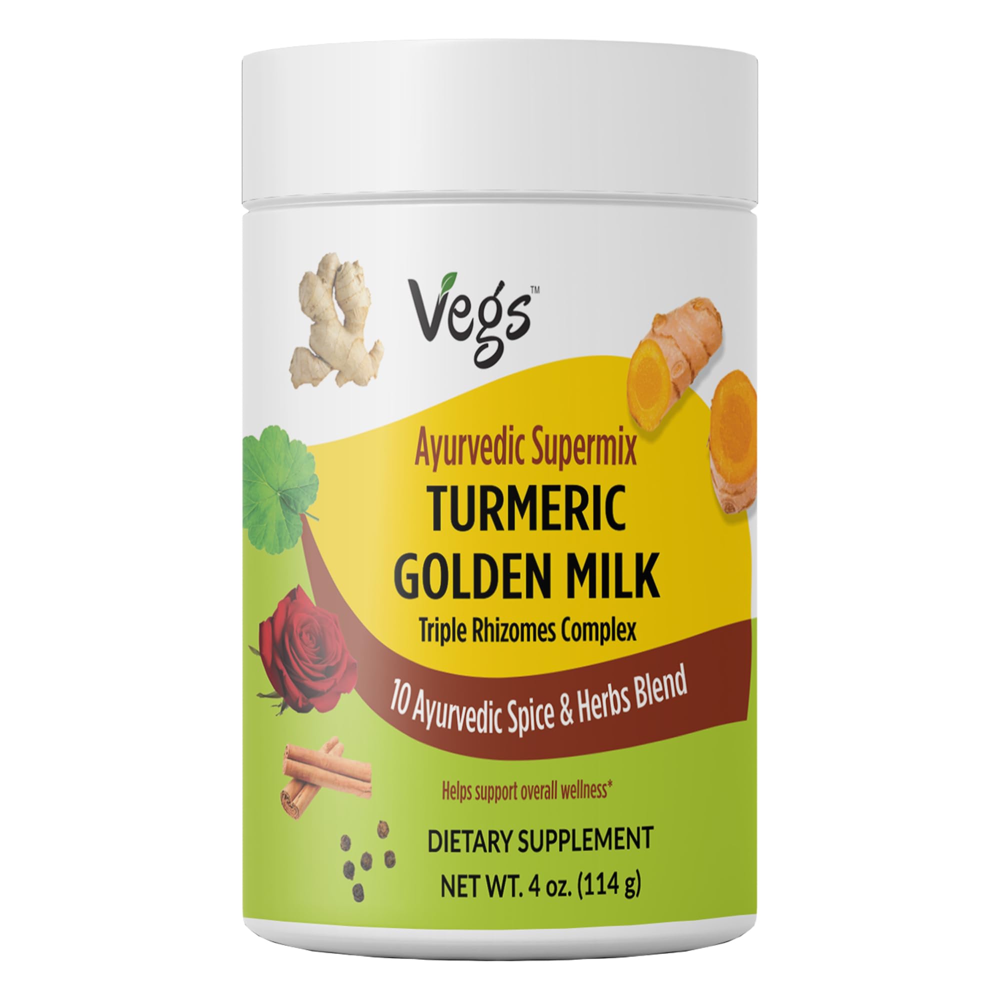 Vegs Turmeric Golden Milk Powder - 10 Ayurvedic Super Spice Mix Golden Milk Latte with Organic Turmeric, Ginger, Rose Petals, Cinnamon, Ashwagandha-