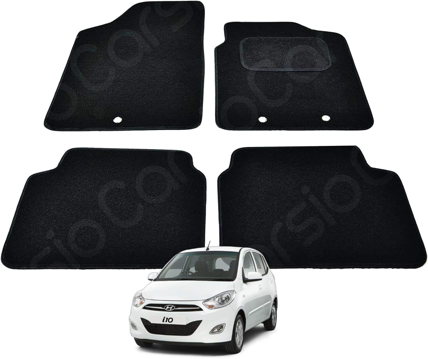 Carsio Carpet Car Mats For Hyundai i10 09 14 4 Piece Set with 3 Fixing Holes Tailored Fit Floor Mat Complete Accessory Black Custom Fitted - All Weather, Anti-Slip Backing & Black Trim