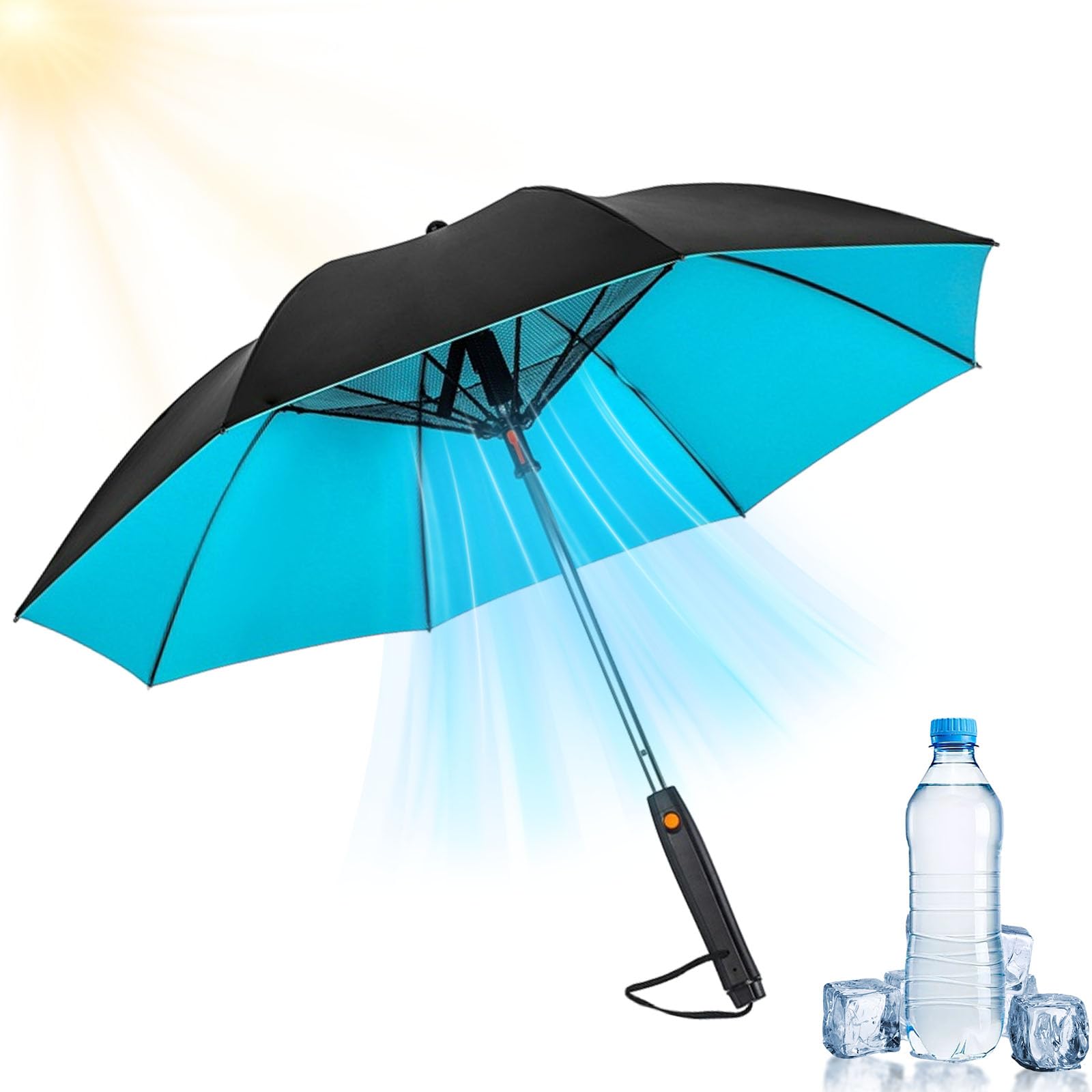 Paraguas con ventilador y botella de agua, efecto refrescante de 5-7 °C, protección solar UPF 50+, paraguas de viaje, parasol recargable por USB