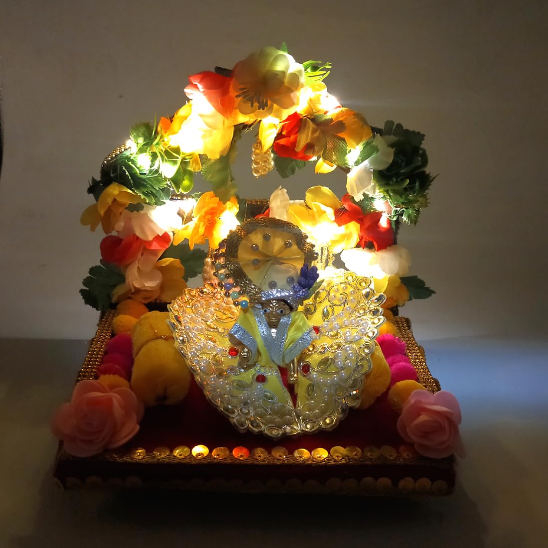 Ecommall Laddu Gopal Size 0, 1, 2, 3, 4, 5 No Wooden Big Size Singhasan with Lighting for Thakur ji Krishna Janmashtami Sihasan God Idols Khana ji Aasan Home Temple Office