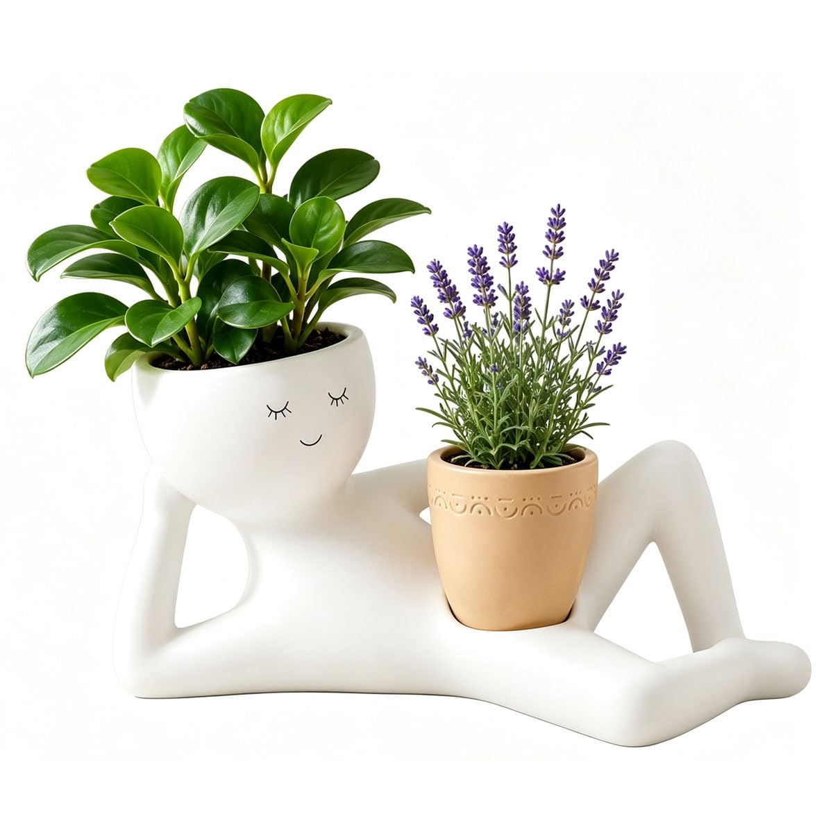 Ten Treasure Lazy Guy Planter, Funny Plant Pots For Indoor Plants, Double Flower Pot With Drainage For Plant Lovers Gift (Yellow)