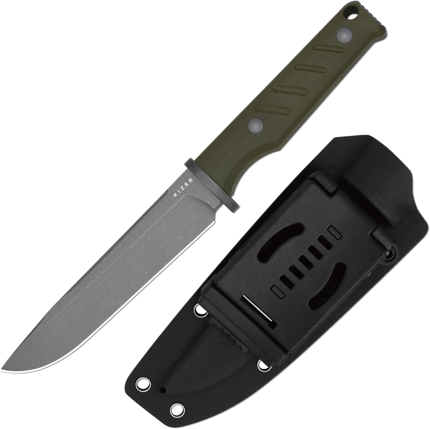 Kizer Camp 180 Fixed Blade Knife with Sheath, 5.55" AEB-L Drop Point Blade Camping Knife with Olive Green G10 Handle, Knives for Camping Hiking 1096A2