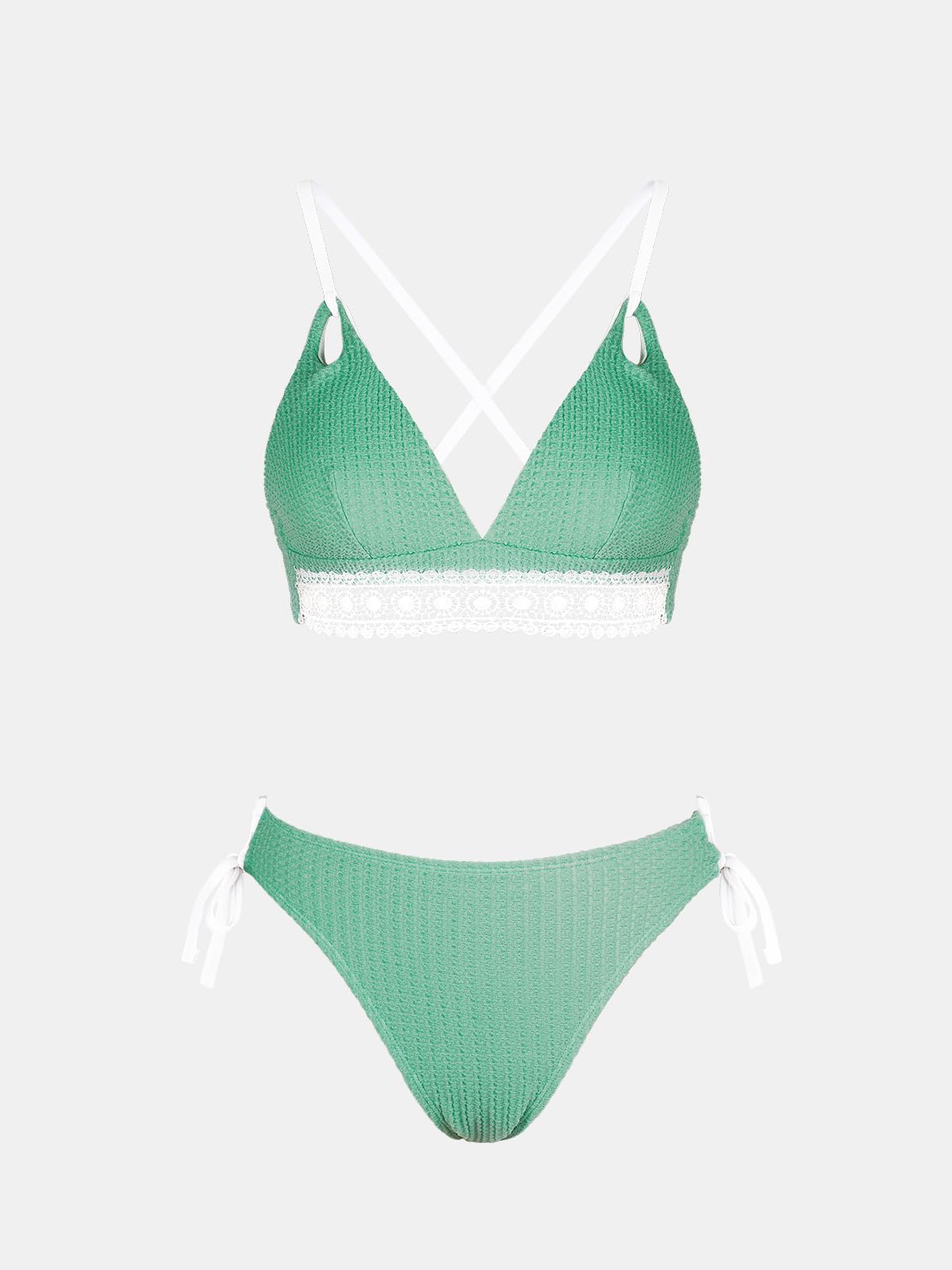 CUPSHE Conjunto de bikini para mujer, cuello en V, texturizado, espalda entrecruzada, ribete de encaje, traje de baño con cordón lateral, talle bajo