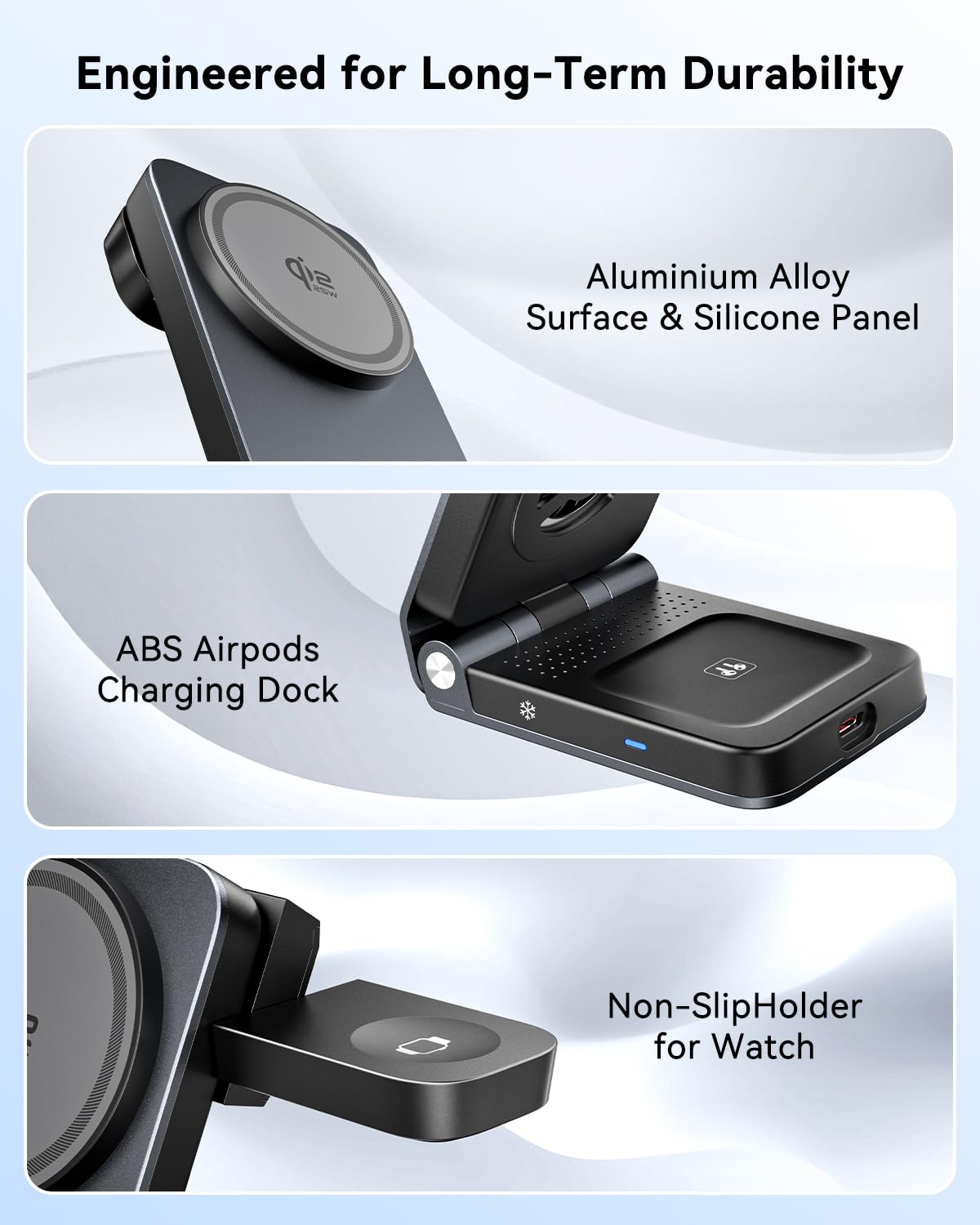 CloudValley 3 in 1 Stazione di Ricarica per iPhone AirPods e Apple Watch, Qi 2.2 25 W Ricarica Wireless Rapida, Dissipazione Attiva del Calore, Robusto e Durevole, Compatibile con MagSafe, Portatile