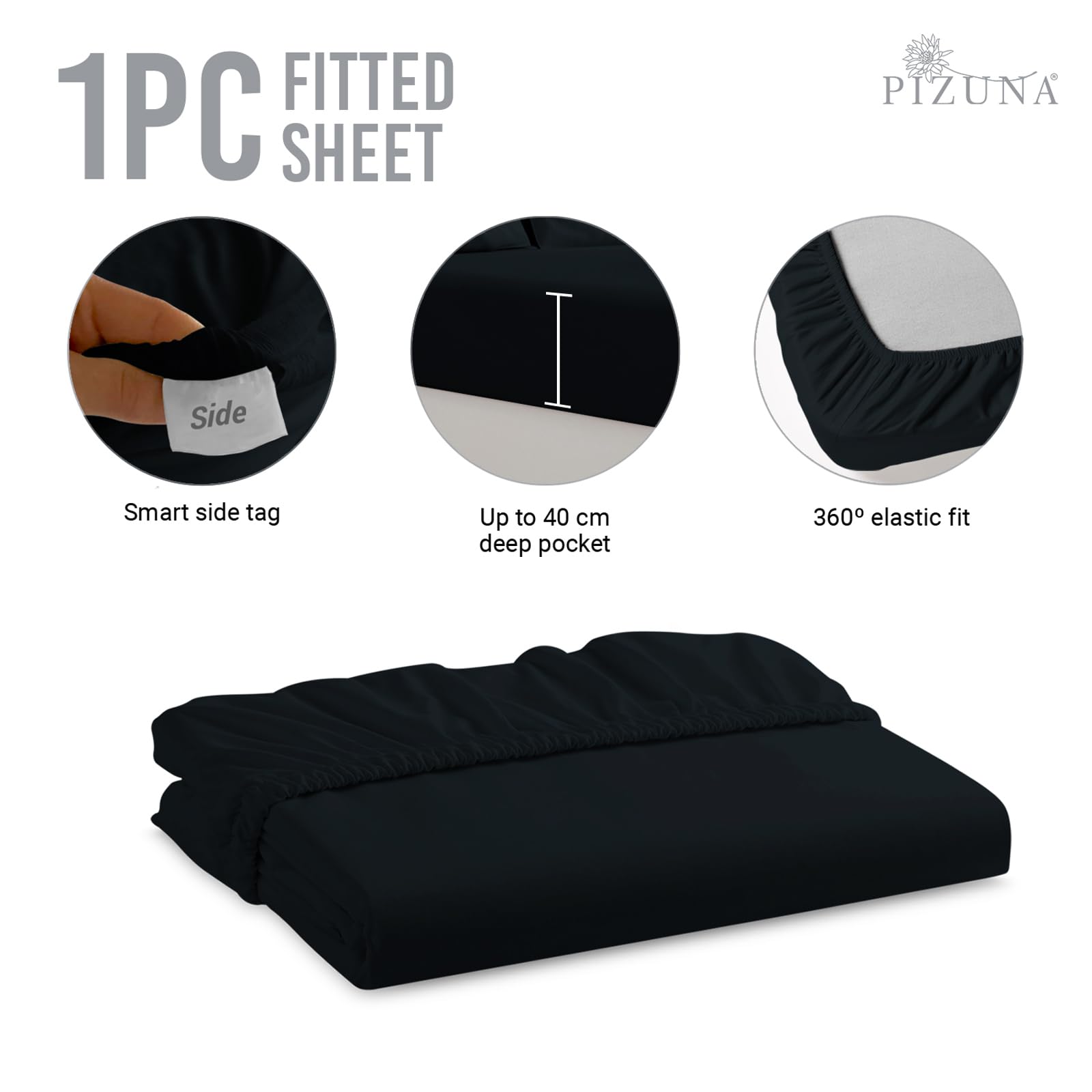 Pizuna Pure Combed Cotton Single Bed Fitted Sheet Black - Image 3