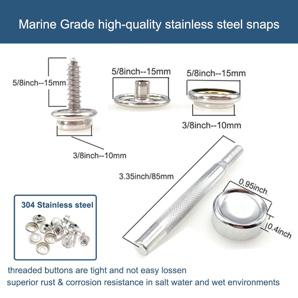 Maerd 152Pcs Canvas Snap Kit with Tool, Stainless Steel Screw Boat Canvas Snaps Fastener Heavy Duty Metal Marine Button 3/8" Socket with Setting Tool for Boat Cover Furniture