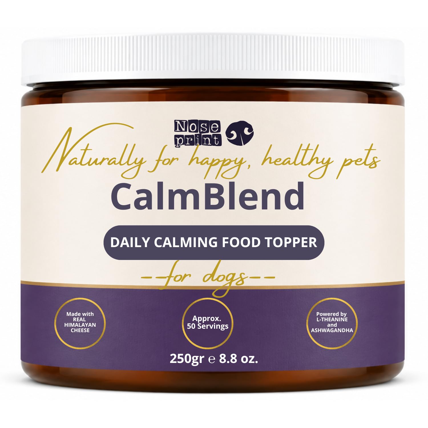 NOSEPRINT CalmBlend Dog Calming Food Topper 250g | Natural Anxiety & Stress Support for Dogs | Himalayan Cheese, L-Theanine, L-Tryptophan & Ashwagandha | Food Sprinkle for Relaxation & Digestion