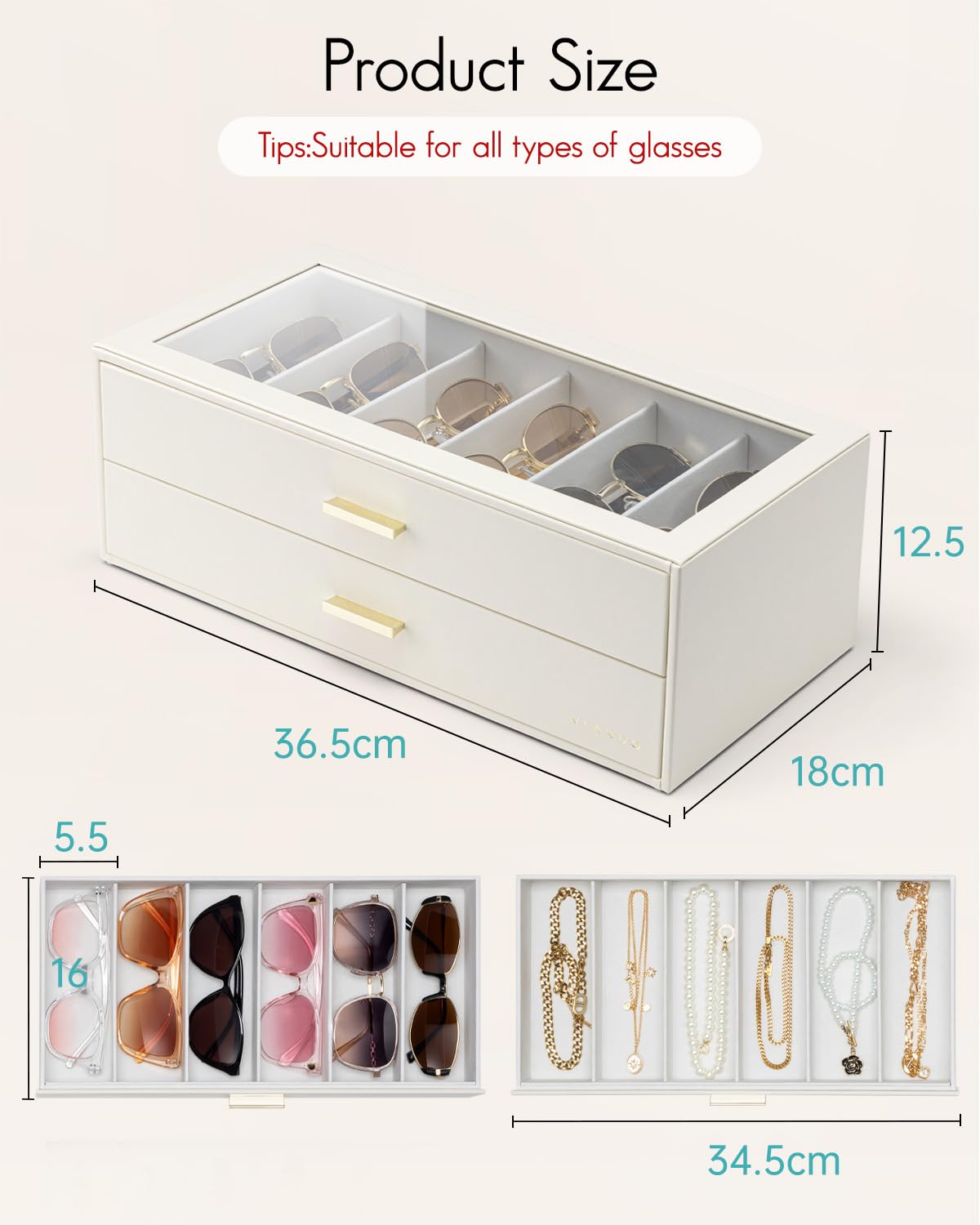 VLANDO Sonnenbrillen Aufbewahrung 2 Etagen, Brillen Aufbewahrungsbox mit Transparentem Glasdeckel für 12 Brillen, Sonnenbrillen Organizer zur Aufbewahrung Mehrerer Brillen, Beige