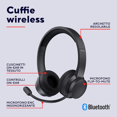 Trust Roha II Cuffie Wireless Bluetooth con Microfono ENC Antirumore, 85% di Plastica Riciclata, On Ear Auricolari Bluetooth Ricaricabile per Lavoro Casa e Ufficio Teams Zoom, Nero - 2